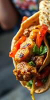 Grilled chicken and vegetable wrap is prepared with fresh ingredients at a bustling market counter photo