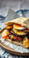 Delicious layered flatbread sandwich with grilled vegetables and egg served on a wooden plate photo