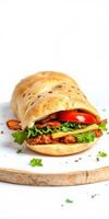 Freshly made wrap filled with spicy chicken, lettuce, and tomato on a wooden board photo