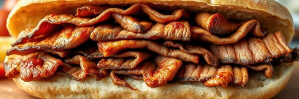 Savory grilled meat sandwich piled high with slices and served on fresh bread at a street food market photo
