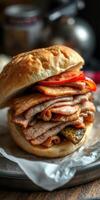 Savory grilled meat sandwich with fresh vegetables served on a soft bun photo