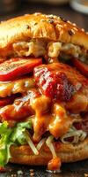 Delicious burger with grilled vegetables and rich sauce, perfect for a hearty meal photo