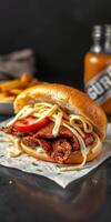Savory sandwich loaded with grilled meat, fresh toppings, and creamy sauce on a dark rustic table photo