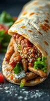 Delicious wrap filled with seasoned meat and fresh vegetables prepared in a cozy kitchen setting photo