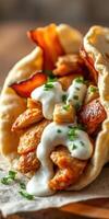 Delicious chicken wrap filled with savory ingredients and creamy sauce served on a wooden table photo