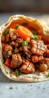 Delicious tortilla wrap filled with grilled meat, vegetables, and savory sauce in a cozy setting photo