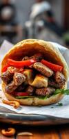Juicy meat and fresh vegetables served in a soft bun at a bustling street food market photo