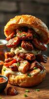 Hearty sandwich stacked with grilled sausage, cheese, and savory sauce on a toasted bun photo