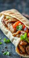 Grilled chicken wrap filled with fresh vegetables and herbs on a rustic wooden surface photo