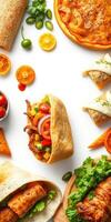 Colorful assortment of delicious wraps and snacks on a white background featuring fresh ingredients and vibrant flavors photo