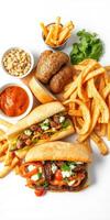 Delicious spread of gourmet sandwiches with fries, sauces, and snacks arranged on a bright backdrop photo