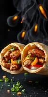 Delicious chicken wrap filled with grilled vegetables and herbs served against a smoky background photo