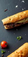 Savory sandwich filled with grilled meat and fresh vegetables on a dark surface photo