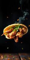 Grilled chicken wrapped in soft flatbread with fresh herbs against a dark background photo