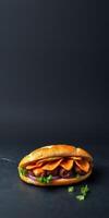 Delicious sandwich with layers of meat and chips served on a dark background photo