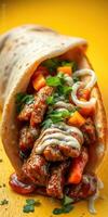 Delicious wrap filled with savory grilled meat, fresh vegetables, and flavorful sauce on a vibrant background photo