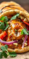 Delicious wrap filled with savory ingredients and vibrant vegetables served on a rustic surface photo