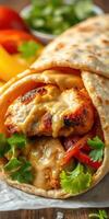 Delicious chicken wrap with creamy sauce and fresh vegetables in vibrant colors served on a rustic table photo