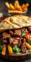 Delicious grilled meat wrap loaded with fresh vegetables and French fries at a cozy restaurant setting photo