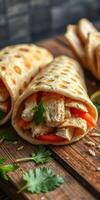 Delicious wraps filled with grilled chicken, fresh vegetables, and herbs on a wooden table photo