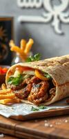 Delicious wrap filled with grilled chicken, vegetables, and fries served in a casual dining setting photo
