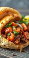 Delicious wrap filled with chicken, fresh vegetables, and herbs served on wooden table photo
