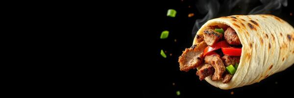 Flavorful grilled steak wrap with fresh vegetables and spices ready to be enjoyed photo