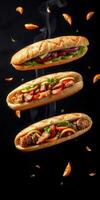 Delicious gourmet sandwiches filled with vibrant ingredients against a dark background photo