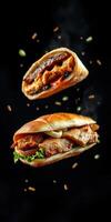Juicy chicken and flavorful beef wraps showcased against a black background with flying ingredients photo