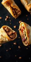 Delicious wraps filled with grilled meat and fresh vegetables on a black background showcasing vibrant colors and textures photo