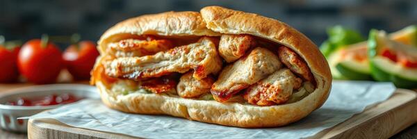 Deliciously layered sandwich with grilled chicken and fresh vegetables in a cozy kitchen setting photo