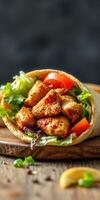 Grilled chicken wrap loaded with fresh vegetables on a wooden cutting board photo