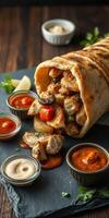 Delicious wrap filled with grilled chicken, fresh vegetables, and assorted sauces on a wooden table photo