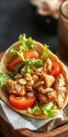 Delicious chicken wrap loaded with fresh vegetables and dressed in savory spices served in a cozy setting photo