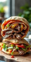 Delicious stacked pita sandwiches filled with grilled meat and fresh vegetables in a cozy restaurant setting photo