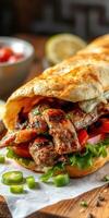 Delicious chicken sandwich with fresh vegetables served in a warm pita at a casual dining spot photo