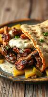 Savory grilled lamb served with warm flatbread and flavorful sauce, perfect for a gourmet meal at home photo