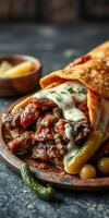 Deliciously crafted wrap with grilled meat, sauce, and pickles served on a wooden plate photo