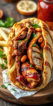 Grilled chicken and vegetables wrapped in flatbread with sauce and fries photo