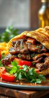 Grilled meat wrap with fresh vegetables served on a wooden table with garnishes and fries in a cozy setting photo