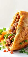 Delicious stuffed flatbread filled with spiced chickpeas and garnished with fresh herbs photo