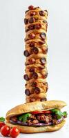 Unique towering sandwich creation with savory ingredients and fresh toppings served with cherry tomatoes photo