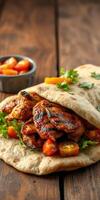 Grilled chicken wrap with fresh vegetables and herbs ready to enjoy in a rustic setting photo