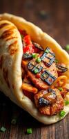 Delicious grilled chicken wrapped in soft flatbread with fresh vegetables and sauce on a rustic wooden table photo