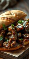 Delicious sandwich filled with tender meat and savory sauce garnished with fresh herbs for lunchtime enjoyment photo