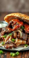 Savory grilled beef sandwich loaded with fresh toppings at a bustling food market during lunchtime photo