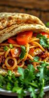 Savory noodles wrapped in flatbread with fresh vegetables and herbs on a rustic wooden table photo