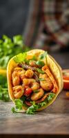 Delicious chicken taco wrapped in warm tortilla with fresh vegetables and herbs displayed on wooden table photo