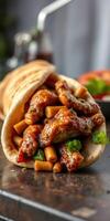 Delicious wrap filled with tender chicken pieces and savory sauce at a cozy eatery during lunch hour photo