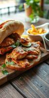 Delicious grilled chicken served on freshly baked bread with sides of fries and dipping sauce at a local eatery photo